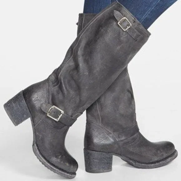 Frye Vera Slouch Grey Black Leather Block Heel Moto Knee High Tall Buckle Boot - Picture 2 of 13